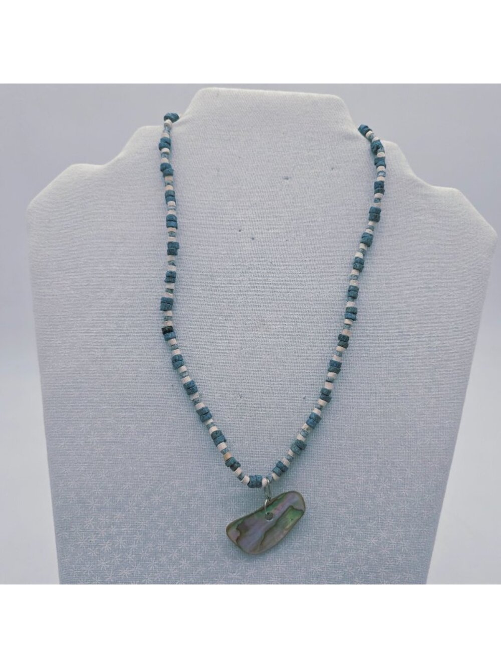 Blue Denim & White Sponge Coral Necklace With Abalone Pendant Brass Accent 17"
